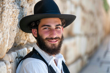 portrait of a young jewish man with beard and hat in jerusalem israel, free copy space for text