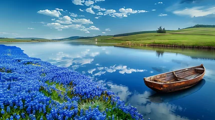 Foto op Plexiglas Tranquil waters mirror the sky, flanked by rolling hills and a vibrant flourish of blue wildflowers  © MC-CHUAN