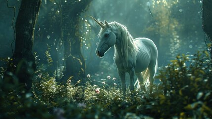 A fantasy mystical unicorn horse in the dark fairy forest scene. AI generated image