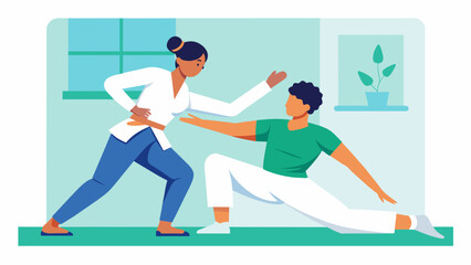 A patient with a broken arm working with a physical the to perform a series of martial artsinspired stretches and exercises.
