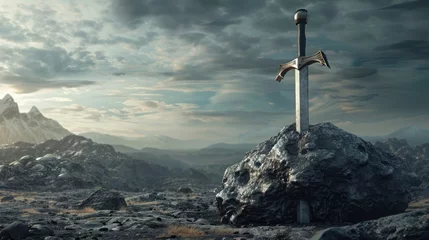 Gartenposter An ancient sword stuck in a rock on dramatic scene landscape background. AI generated image © yusufadi