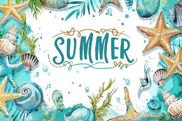Word 'Summer' surrounded by starfish, seashells, and tropical leaves on white background. Colorful illustration