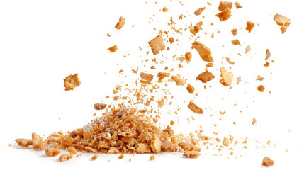 cookie crumbs flying around, white background