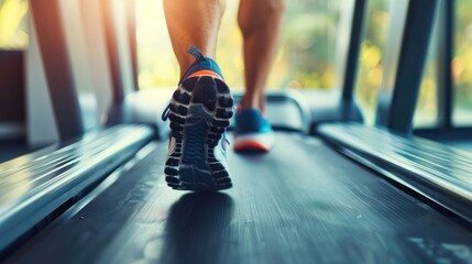 Fototapeta premium Close up young man athlete shoes running in treadmill at fitness gym blur background. AI generated