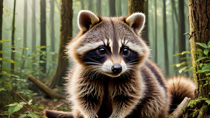 Close up cute furry baby racoon in forest 