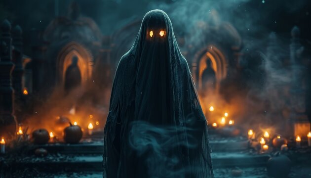 A scary figure is standing in front of a group of candles by AI generated image