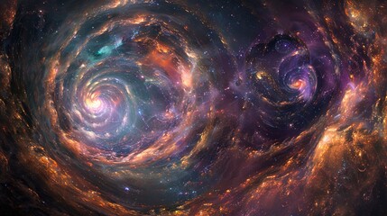 Spiral galaxies swirling in cosmic brilliance across dark space - obrazy, fototapety, plakaty