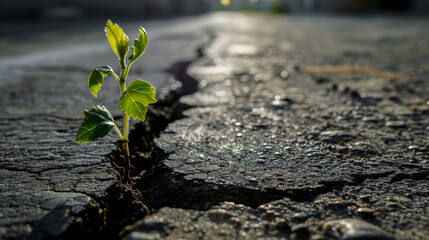 One young sprout breaks through hard surface of asphalt, tearing it, forming crack. Symbol strength and determination. Life persistently breaks out, making its way to light, peace and opportunities.