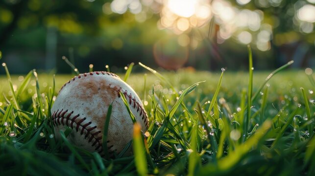 Closeup a baseball ball sport on green grass with blur background. AI generated image