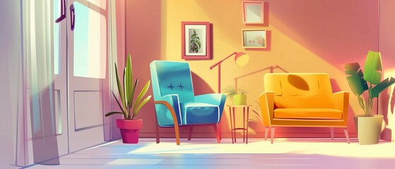 Home living room interior background with sofa and windows, cartoon illustration style design, 3d