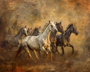 An artistic depiction of a herd of Arabian horses captured in a painting. This imagery showcases the beauty, grace, and elegance of these majestic animals, rendered with artistic skill