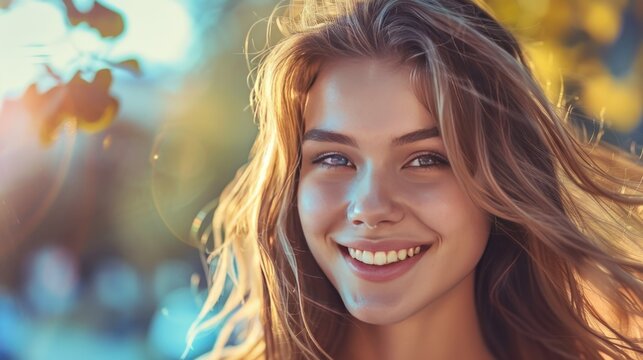 Close up portrait a beauty smiling woman blur natural background. AI generated image