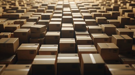 Fototapeta premium Cardboard boxes packaging arranged in a distribution industrial warehouse factory. AI generated