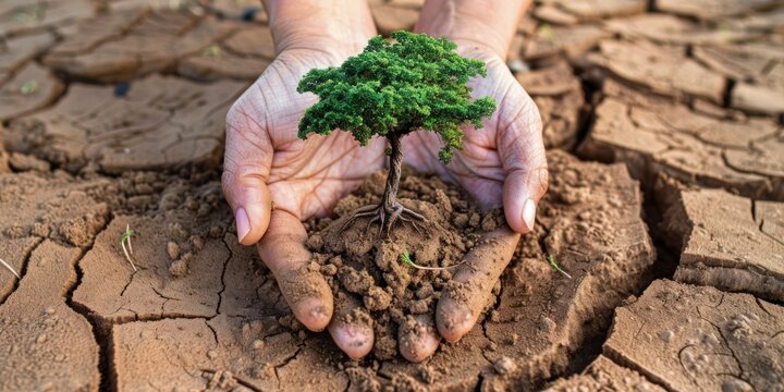 Encapsulating the drive to restore and replenish our environment, hands hold a budding green tree in an expansive, cracked terrain suggesting the adverse effects of climate change