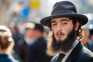 Naklejka premium portrait of a young hebrew orthodox jewish man with beard and hat in jerusalem israel, free copy space for text