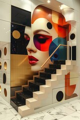 Colorful abstract portrait mural in modern interior: vibrant abstract mural of a woman's face adorns a luxurious interior with marble stairs and golden architectural details