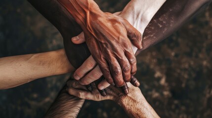 A close-up of intertwined hands of various skin tones, symbolizing unity and diversity, with subtle details that tell a story of friendship and solidarity.