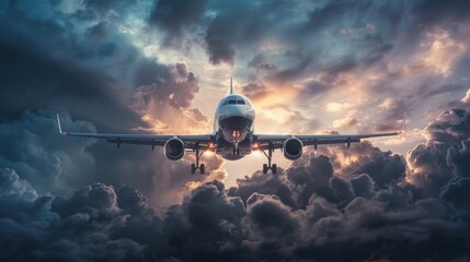 Dramatic view a public passengers airplane take of on the cloudy sky background. AI generated