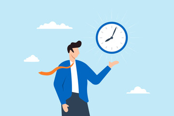 Businessman holding clock illustrating commitment to meeting reminders. Concept of punctuality, being on time for appointments or schedules, finishing work within deadlines, and time management