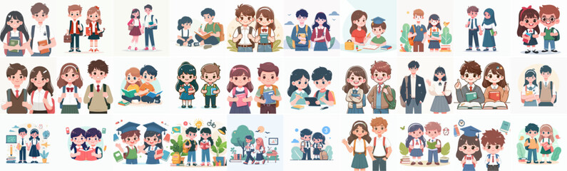 Vector set of student kid couple with flat design style