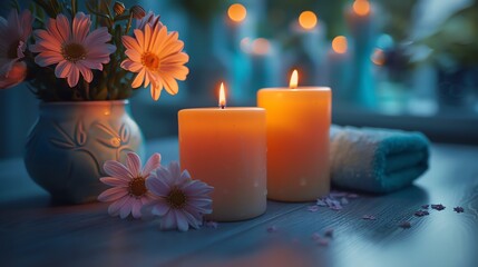 Two burning candles and a vase of chamomile flowers on a wooden table.