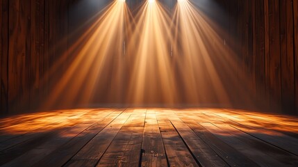 Three spotlights illuminate an empty wooden stage. - obrazy, fototapety, plakaty