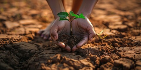Close-up of hands nurturing a young plant in dry, cracked soil, reflecting environmental care and growth