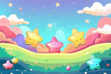 Cute cartoon frame background with colorful star shaped candy in the sky Generative AI