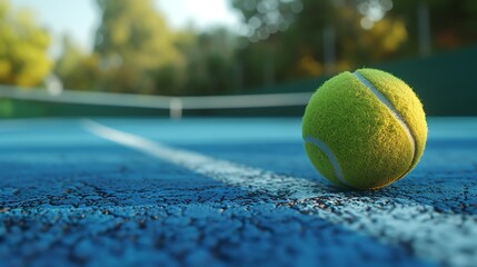 A close up of a tennis ball on a blue tennis court with the net in the background.