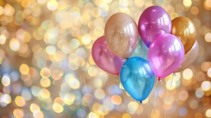 Colorful balloons for birthday party celebration with bokeh and glitter background. AI generated