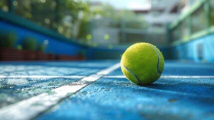 A close up of a tennis ball on a blue tennis court with a blurred background.