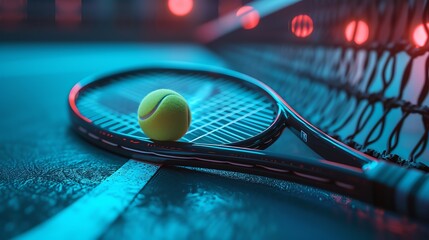 A close up of a tennis racket and ball on a blue court with a net in the background. - obrazy, fototapety, plakaty