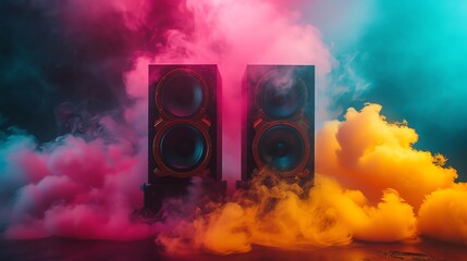 A pair of speakers with colorful smoke in the background
