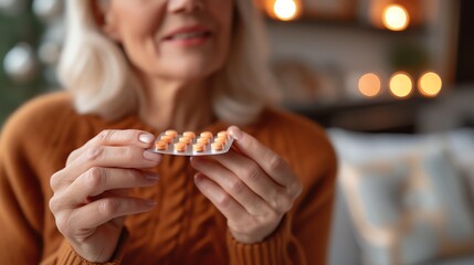 A senior woman is holding a blister pack of pills.