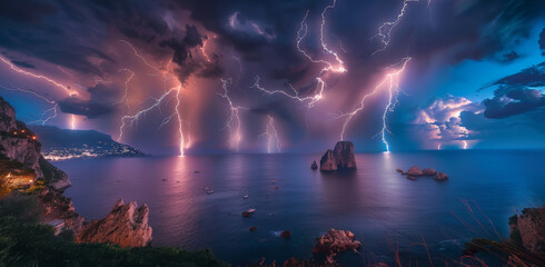 Obraz premium Vue spectaculaire d'un orage en mer vue depuis la côte de nuit