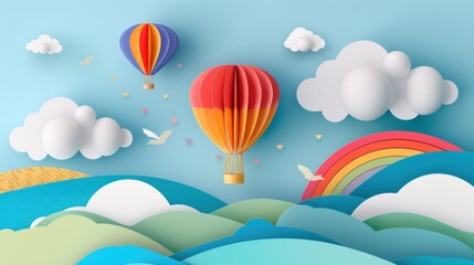 Colorful paper cut sky with hot air balloon,clouds and rainbow landscape background. AI generated