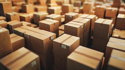 Cardboard boxes packaging arranged in a distribution industrial warehouse factory. AI generated
