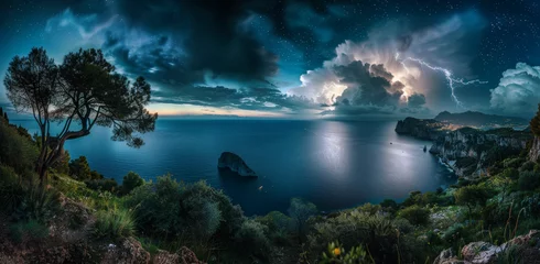 Fotobehang Vue spectaculaire d'un orage en mer vue depuis la côte de nuit © Sébastien Jouve
