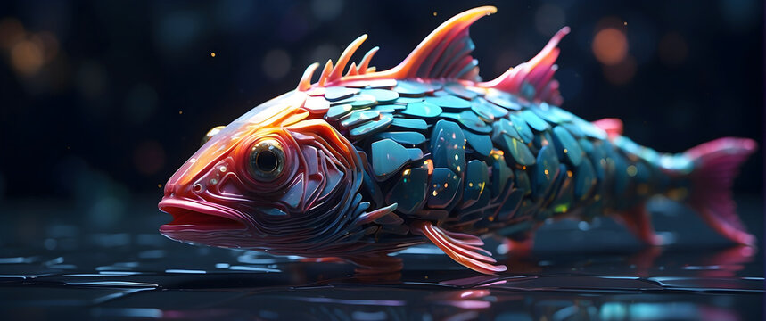 A luminescent, glitching digitalized fishlike creature.