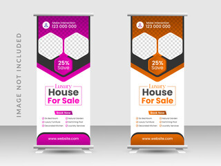 Real Estate business Roll up banner template design with three color variation. Standee Design, Brochure Flyer, Vector illustration, Annual Report, Magazine, Poster, Flag Banner Design