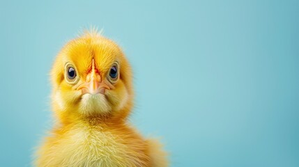 Realistic yellow Baby chicken cute surprised face on blue background. AI generated image