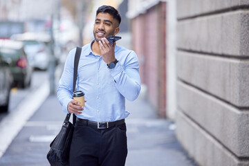 Happy, businessman and phone call on coffee break in city and chat to client on walk to office....