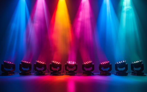 Colorful stage lights illuminate an empty stage.