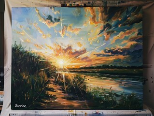 A photo capturing the painting titled "Sunrise," created on canvas using oil as the medium. 