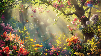 A whimsical garden bursts with color as radiant flowers blanket the ground beneath a lush tree adorned with oversized blossoms. Vibrant birds in flight and delicate butterflies 