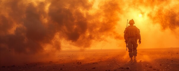 Astronaut walking on a dusty planet at sunset