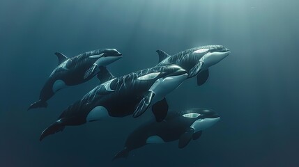 A pod of orcas swimming together underwater, illustrating marine life and familial bonds.