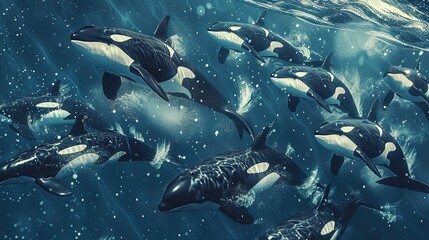 A pod of orcas swimming together underwater, illustrating marine life and familial bonds. - obrazy, fototapety, plakaty