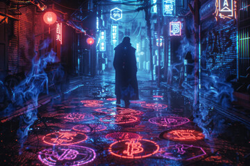 A figure standing amidst glowing crypto symbols and abstract neon lights in a dark alley, casting intricate shadows on the ground.
