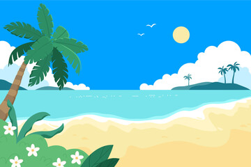 Fototapeta na wymiar Summer exotic sea view. Paradise coast with palms, flowers, sea, beach. Sunny day. Island beach vacation.